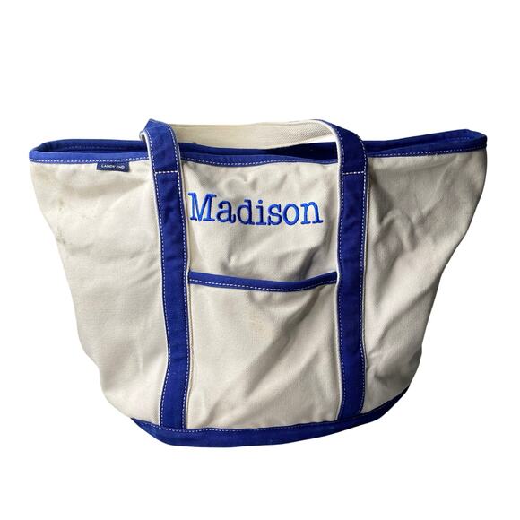HUGE Lands End White Tote Blue Trim Multiple Pockets “Madison” - Picture 1 of 10